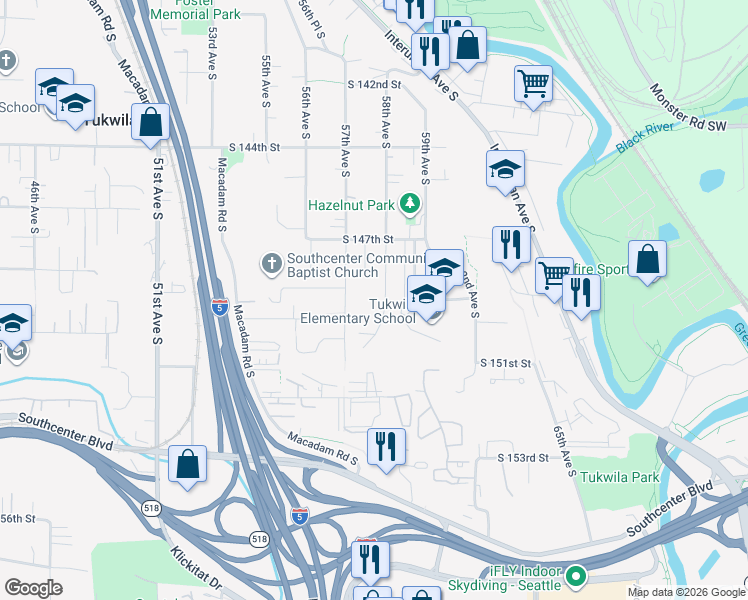 map of restaurants, bars, coffee shops, grocery stores, and more near 14915 58th Avenue South in Tukwila