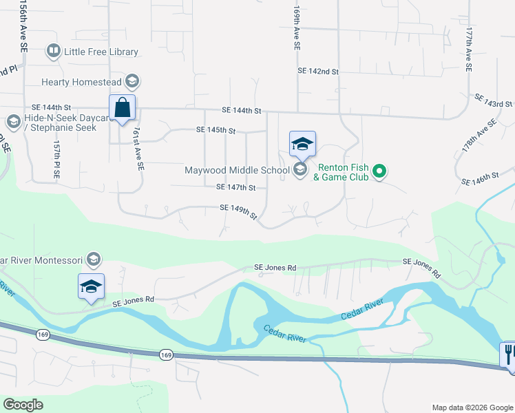 map of restaurants, bars, coffee shops, grocery stores, and more near 14815 167th Place Southeast in Renton