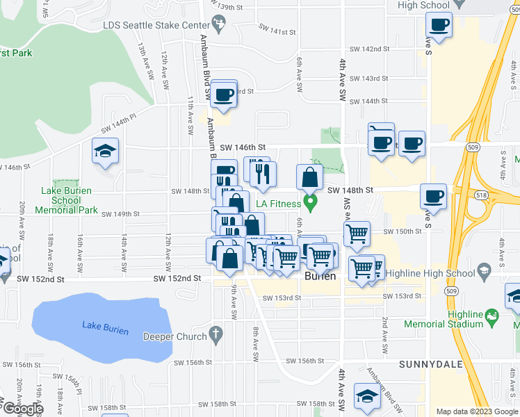 map of restaurants, bars, coffee shops, grocery stores, and more near 656 Southwest 149th Street in Burien