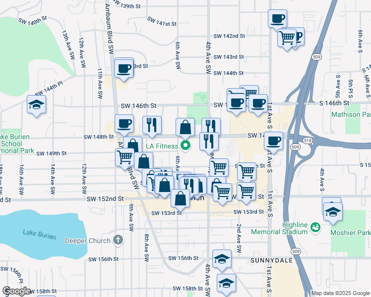 map of restaurants, bars, coffee shops, grocery stores, and more near 15045 5th Avenue Southwest in Burien
