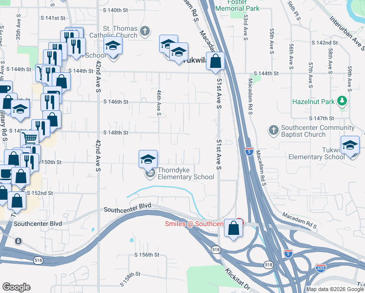 map of restaurants, bars, coffee shops, grocery stores, and more near 4642 South 150th Street in Tukwila