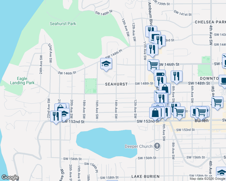 map of restaurants, bars, coffee shops, grocery stores, and more near 1423 Southwest 149th Street in Burien