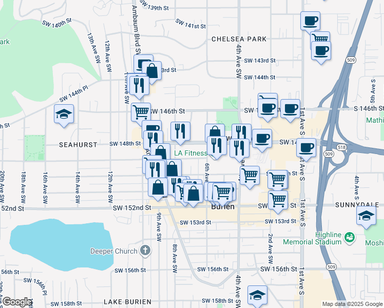 map of restaurants, bars, coffee shops, grocery stores, and more near 14654 7th Avenue Southwest in Burien