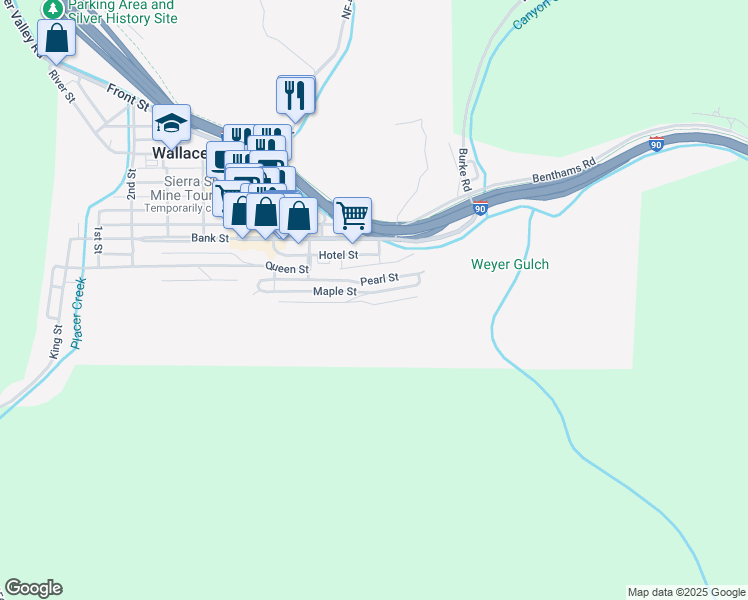 map of restaurants, bars, coffee shops, grocery stores, and more near 818 Residence Street in Wallace