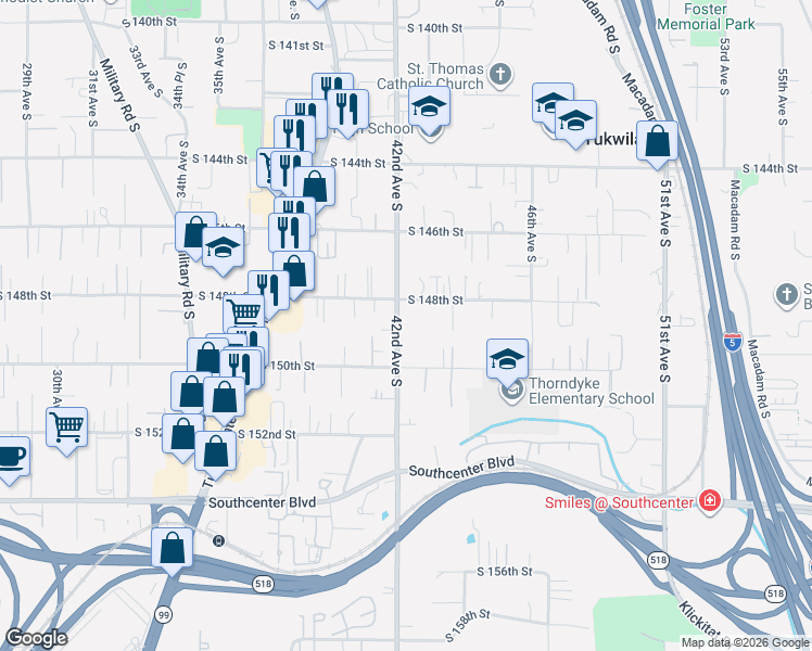 map of restaurants, bars, coffee shops, grocery stores, and more near in Tukwila