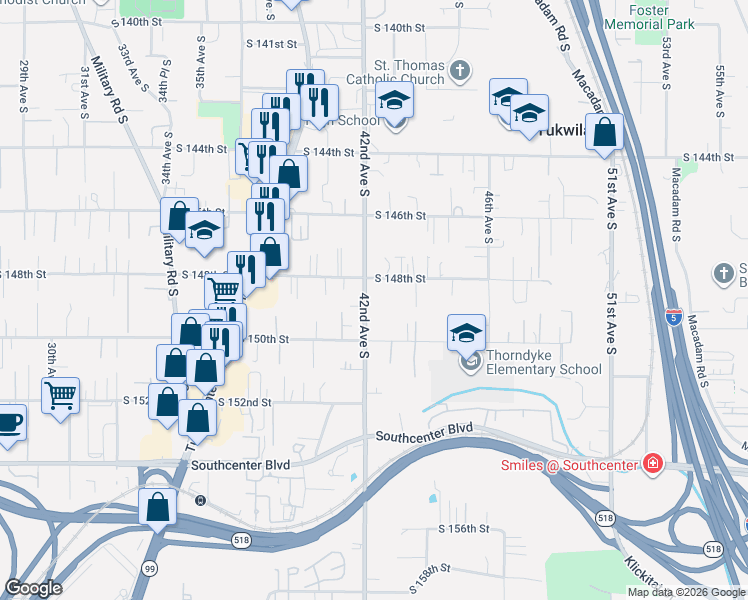 map of restaurants, bars, coffee shops, grocery stores, and more near in Tukwila