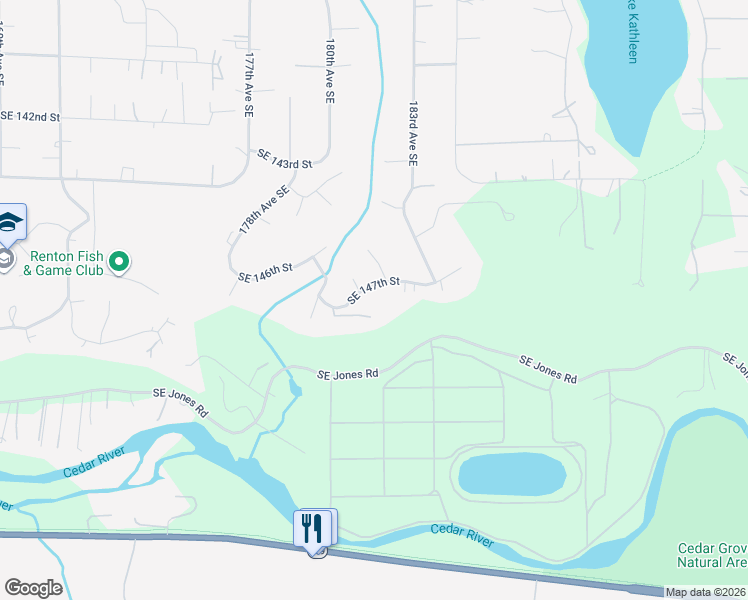 map of restaurants, bars, coffee shops, grocery stores, and more near 18207 Southeast 147th Street in Renton