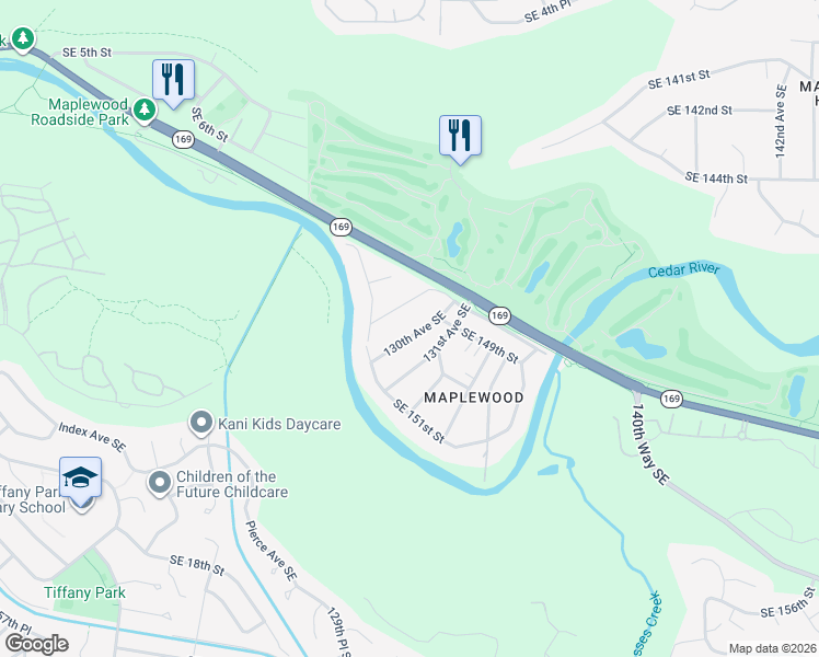 map of restaurants, bars, coffee shops, grocery stores, and more near 3913 Southeast 11th Street in Renton