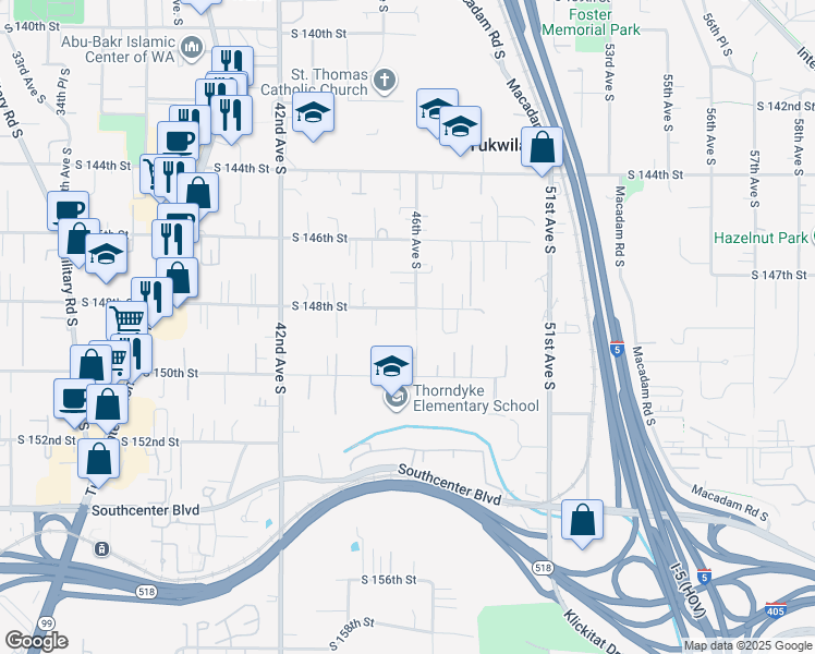 map of restaurants, bars, coffee shops, grocery stores, and more near 14658 46th Avenue South in Tukwila