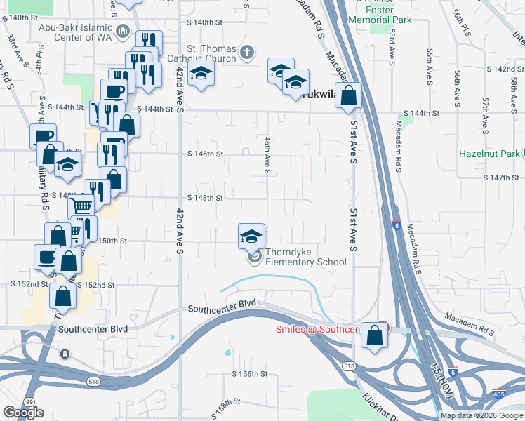 map of restaurants, bars, coffee shops, grocery stores, and more near 14658 46th Avenue South in Tukwila