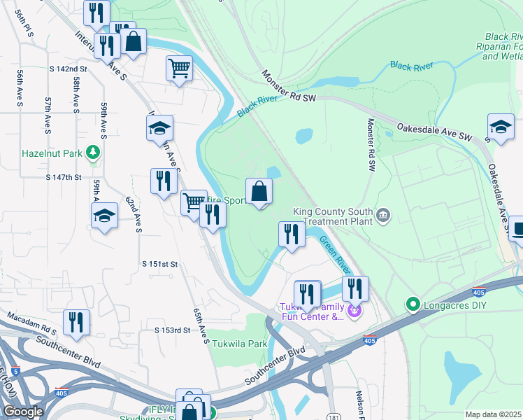 map of restaurants, bars, coffee shops, grocery stores, and more near 14800 Starfire Way in Tukwila