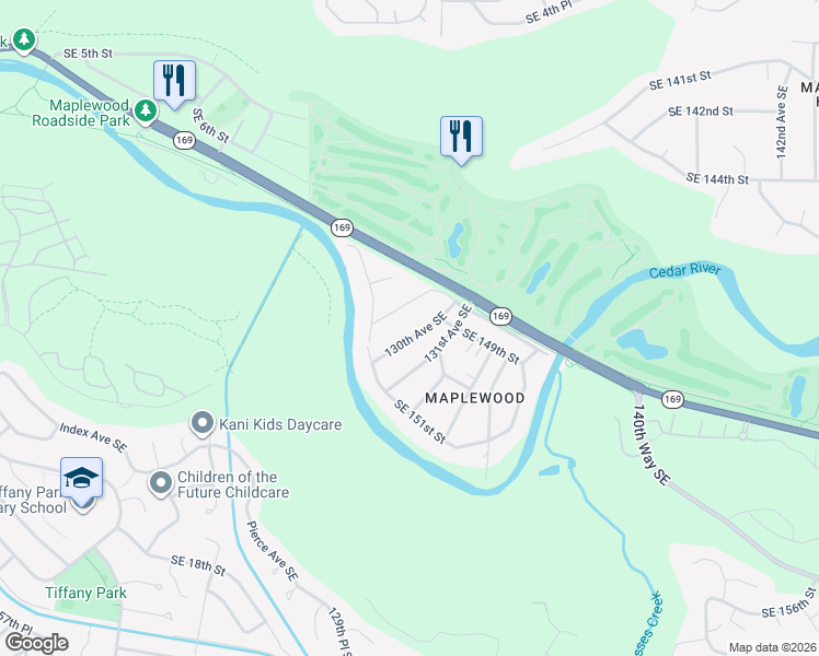map of restaurants, bars, coffee shops, grocery stores, and more near 3913 Southeast 11th Street in Renton