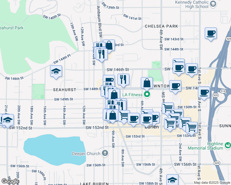 map of restaurants, bars, coffee shops, grocery stores, and more near 967 Southwest 148th Street in Burien