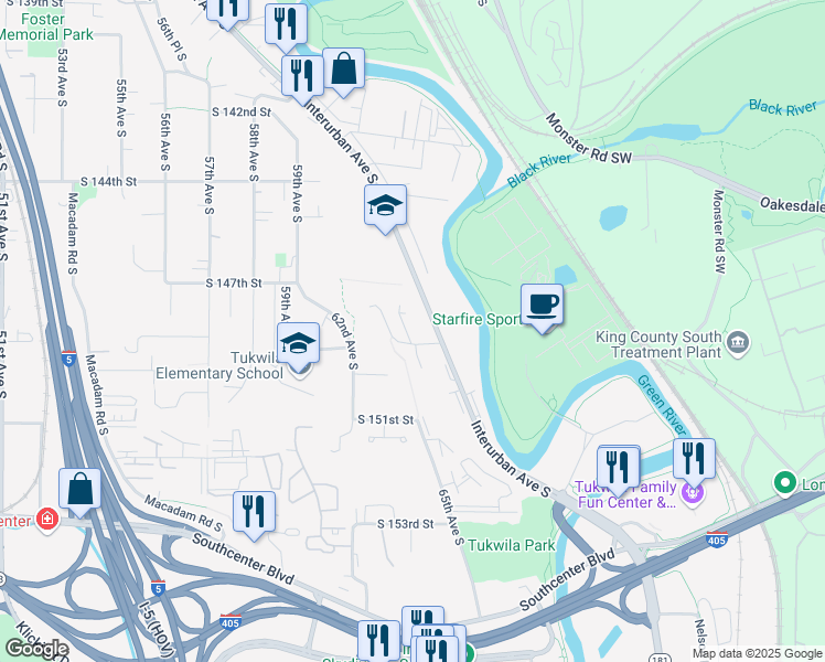 map of restaurants, bars, coffee shops, grocery stores, and more near 14801 Interurban Avenue South in Tukwila