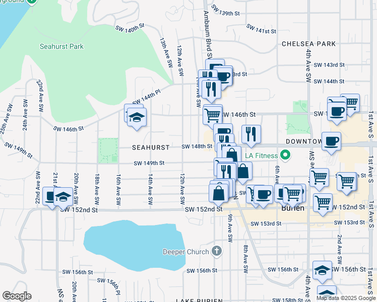 map of restaurants, bars, coffee shops, grocery stores, and more near 1108 Southwest 148th Street in Burien