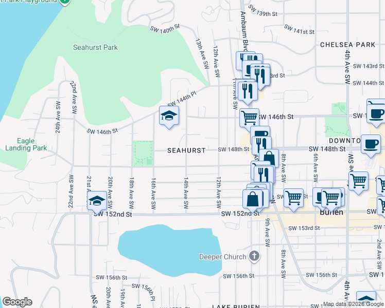 map of restaurants, bars, coffee shops, grocery stores, and more near in Burien
