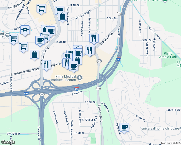 map of restaurants, bars, coffee shops, grocery stores, and more near 700 South Renton Village Place in Renton