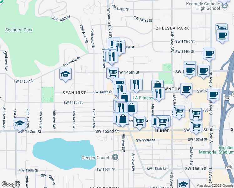 map of restaurants, bars, coffee shops, grocery stores, and more near 967 Southwest 148th Street in Burien