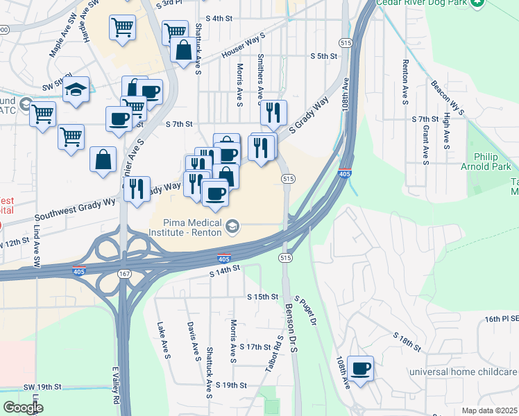 map of restaurants, bars, coffee shops, grocery stores, and more near 700 South Renton Village Place in Renton