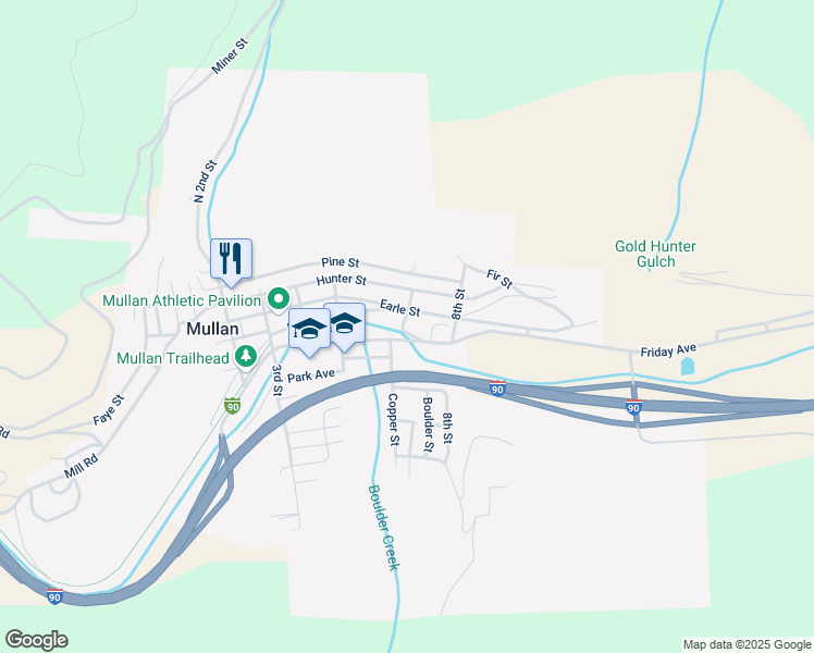 map of restaurants, bars, coffee shops, grocery stores, and more near 702 Earle Street in Mullan