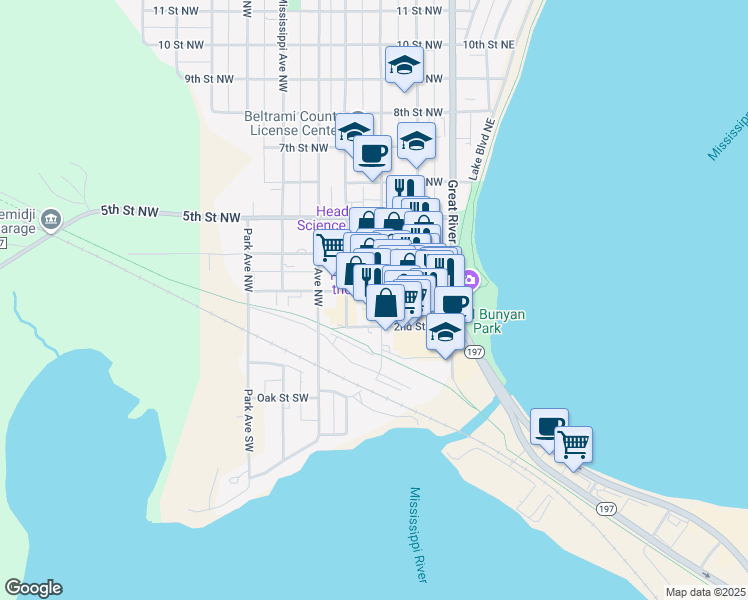 map of restaurants, bars, coffee shops, grocery stores, and more near 217 Minnesota Avenue Northwest in Bemidji