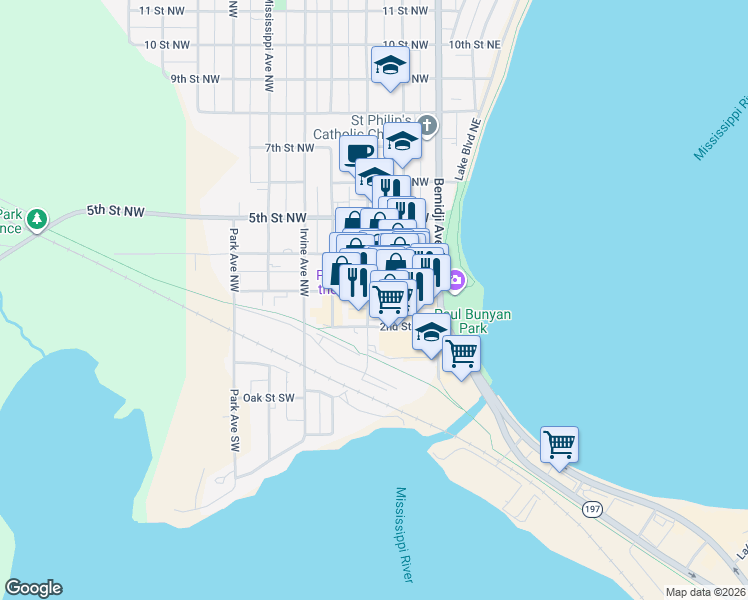 map of restaurants, bars, coffee shops, grocery stores, and more near 220 3rd Street Northwest in Bemidji