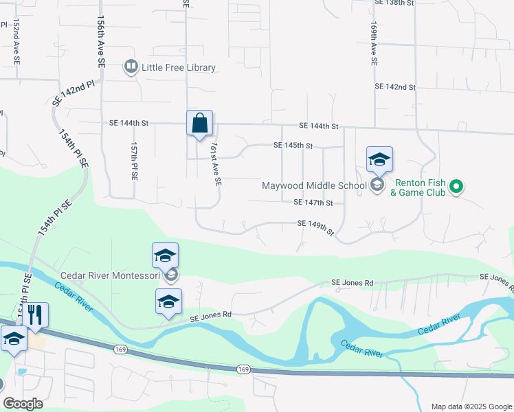 map of restaurants, bars, coffee shops, grocery stores, and more near 16311 Southeast 147th Street in Renton