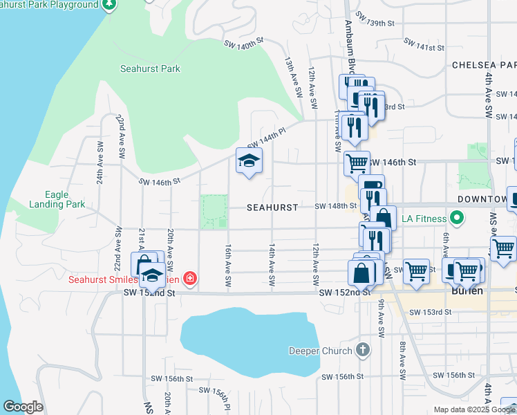 map of restaurants, bars, coffee shops, grocery stores, and more near 1426 Southwest 148th Street in Burien