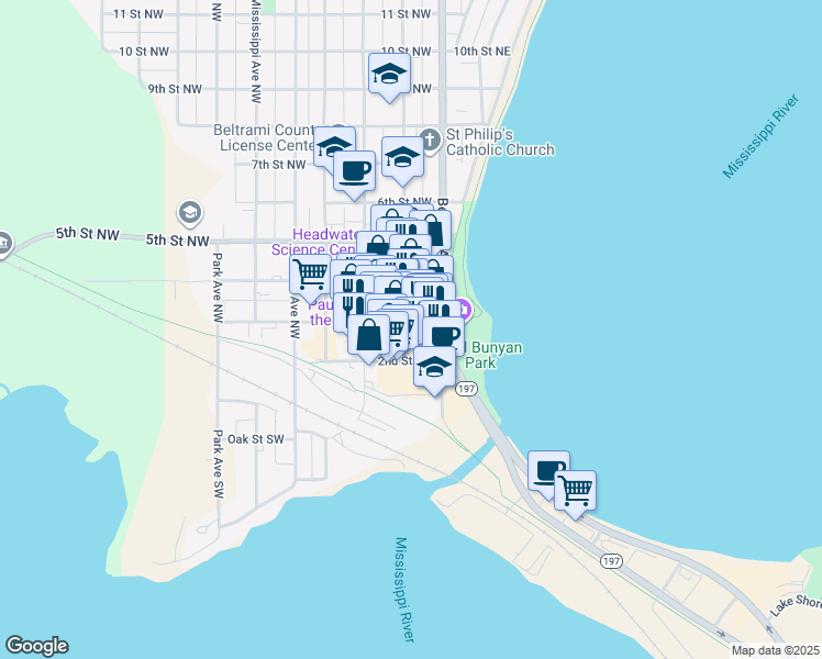 map of restaurants, bars, coffee shops, grocery stores, and more near 122 3rd Street Northwest in Bemidji