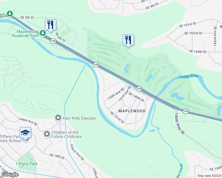map of restaurants, bars, coffee shops, grocery stores, and more near 3913 Southeast 11th Street in Renton
