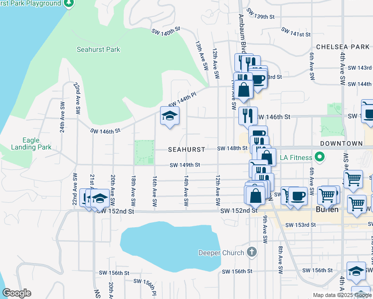 map of restaurants, bars, coffee shops, grocery stores, and more near in Burien