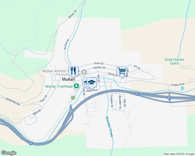 map of restaurants, bars, coffee shops, grocery stores, and more near 120 5th Street in Mullan