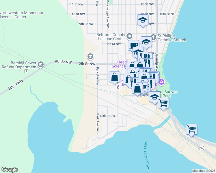 map of restaurants, bars, coffee shops, grocery stores, and more near 600 3rd Street Northwest in Bemidji