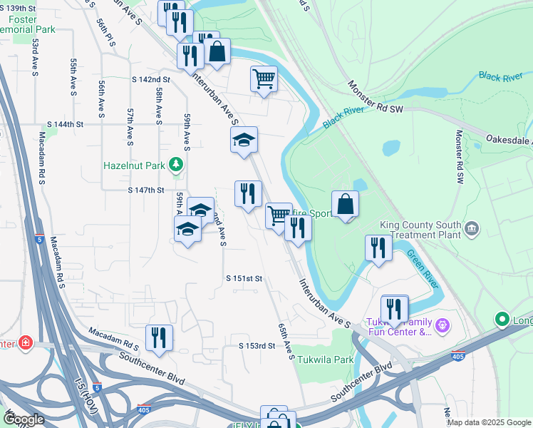 map of restaurants, bars, coffee shops, grocery stores, and more near 14801 Interurban Avenue South in Tukwila