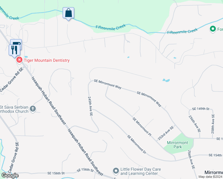map of restaurants, bars, coffee shops, grocery stores, and more near 24705 Southeast Mirrormont Way in Issaquah