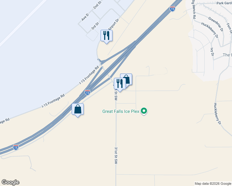 map of restaurants, bars, coffee shops, grocery stores, and more near 3032 31st Street Southwest in Great Falls