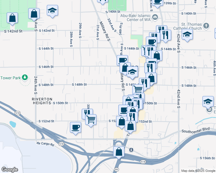 map of restaurants, bars, coffee shops, grocery stores, and more near 3057 South 148th Street in SeaTac