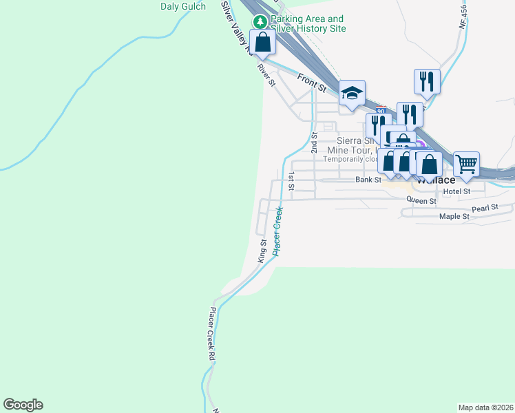 map of restaurants, bars, coffee shops, grocery stores, and more near 114 Queen Street in Wallace
