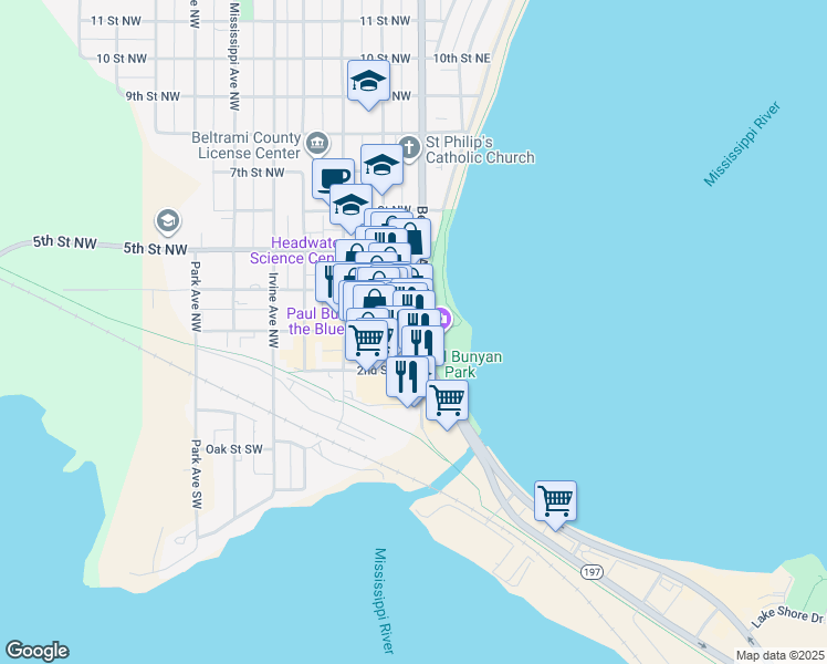 map of restaurants, bars, coffee shops, grocery stores, and more near 122 3rd Street Northwest in Bemidji