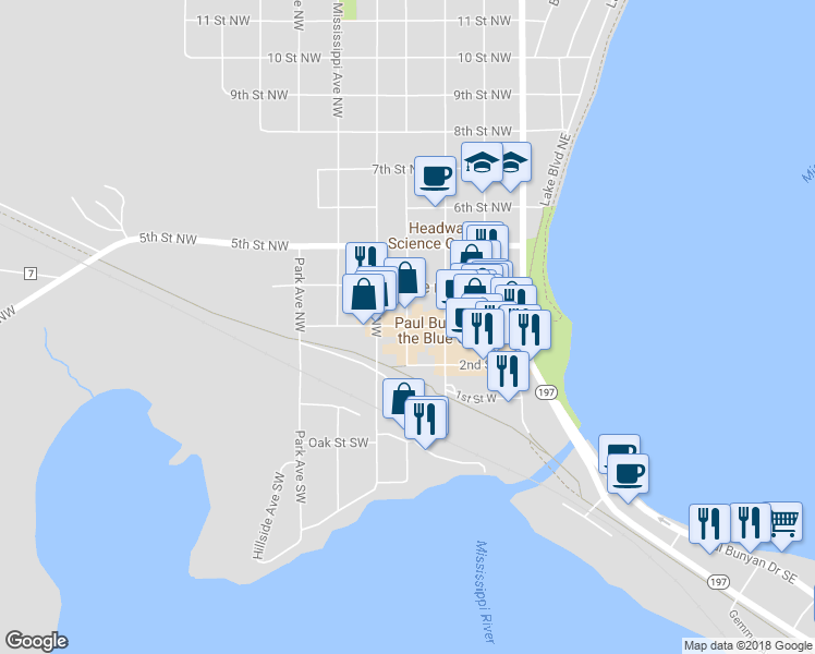 map of restaurants, bars, coffee shops, grocery stores, and more near 298 America Avenue Northwest in Bemidji