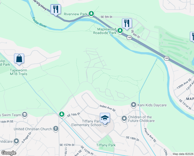 map of restaurants, bars, coffee shops, grocery stores, and more near 3000-3014 Royal Hills Drive Southeast in Renton