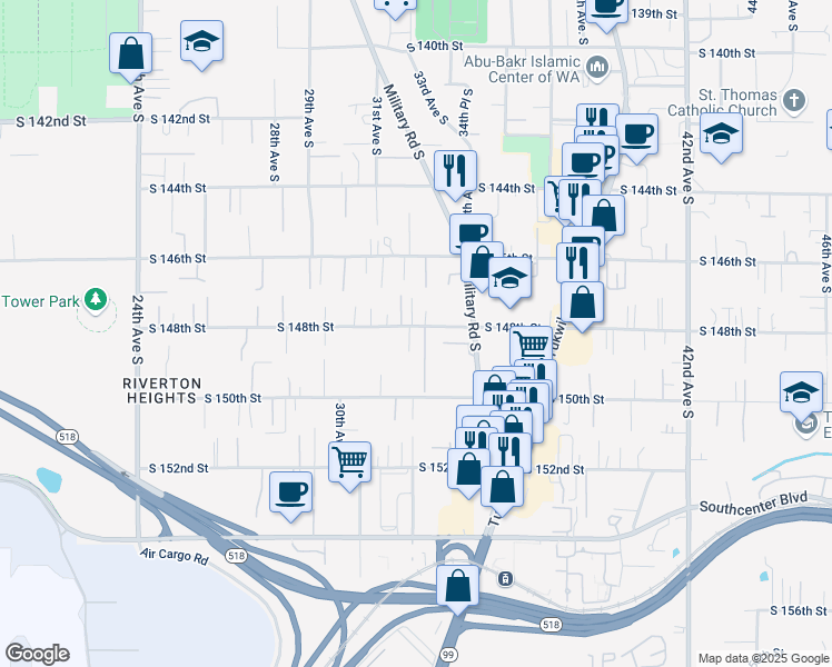 map of restaurants, bars, coffee shops, grocery stores, and more near 3057 South 148th Street in SeaTac
