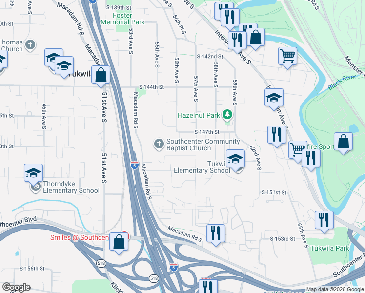 map of restaurants, bars, coffee shops, grocery stores, and more near 14730 56th Avenue South in Tukwila