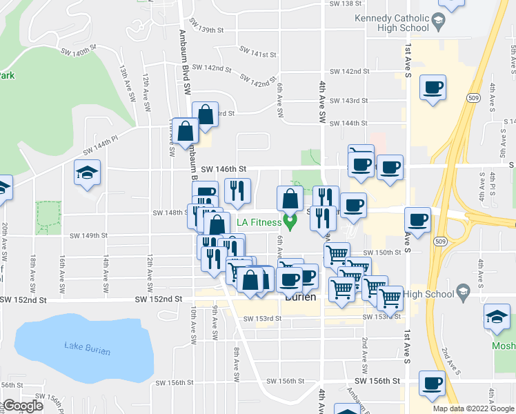 map of restaurants, bars, coffee shops, grocery stores, and more near 14654 7th Avenue Southwest in Burien