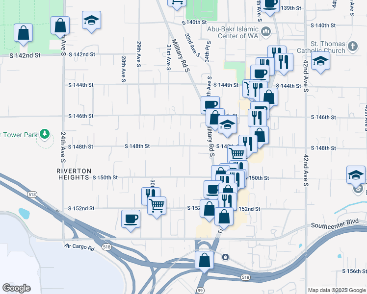 map of restaurants, bars, coffee shops, grocery stores, and more near 3057 South 148th Street in SeaTac