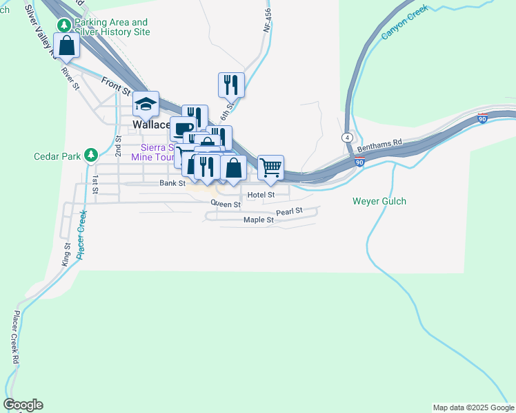 map of restaurants, bars, coffee shops, grocery stores, and more near 718 Residence Street in Wallace