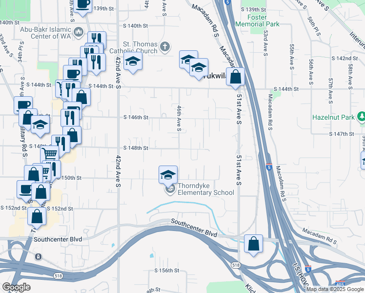 map of restaurants, bars, coffee shops, grocery stores, and more near 14658 46th Avenue South in Tukwila