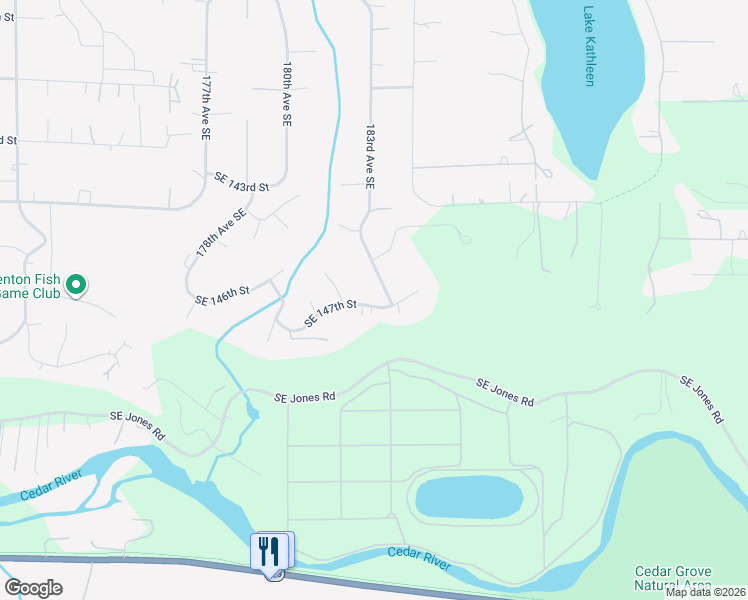 map of restaurants, bars, coffee shops, grocery stores, and more near 18232 Southeast 147th Street in Renton