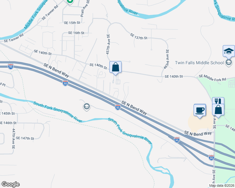 map of restaurants, bars, coffee shops, grocery stores, and more near 45800 Southeast North Bend Way in North Bend