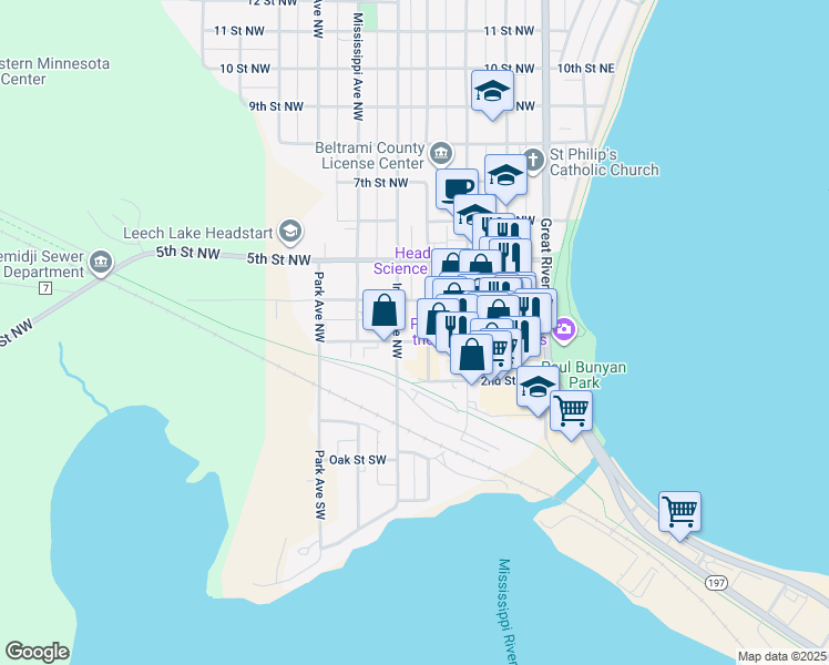 map of restaurants, bars, coffee shops, grocery stores, and more near 302 Irvine Avenue Northwest in Bemidji